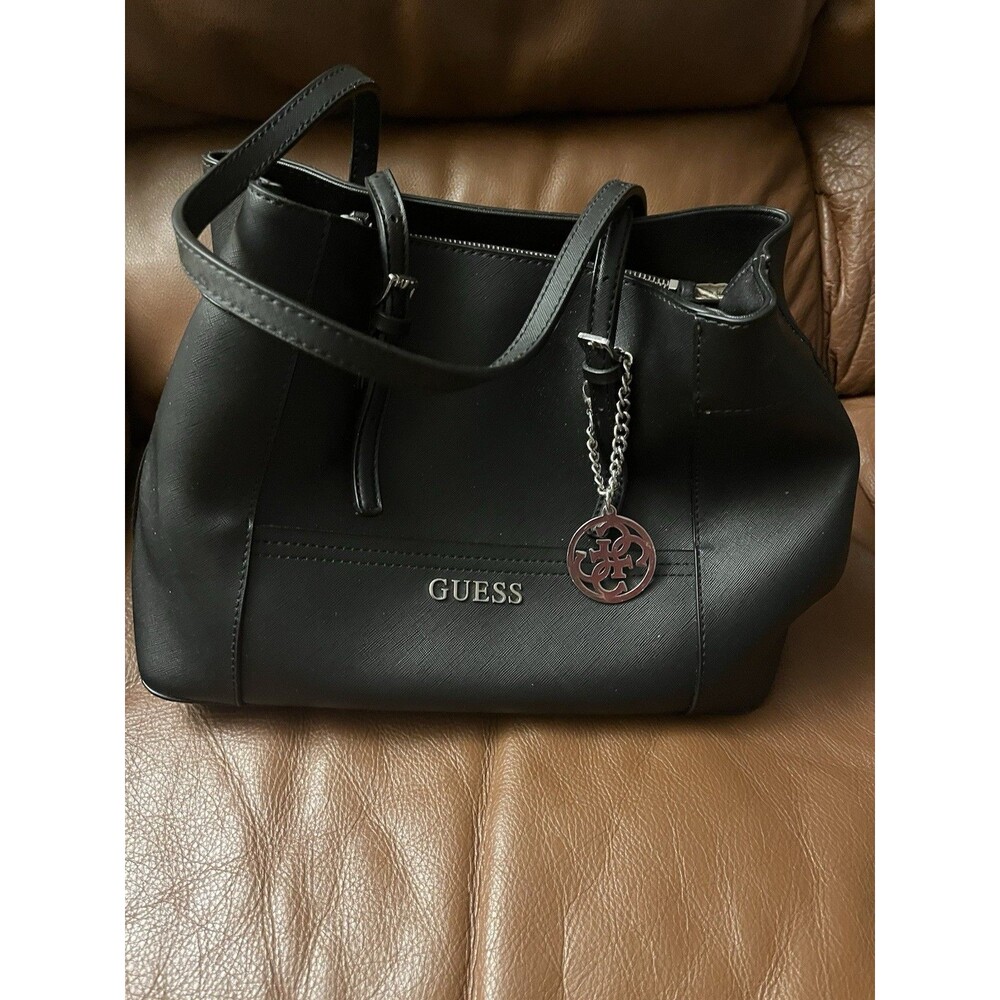 GUESS Black Satchel Top Handle Bag Double Handles Zip/Magnetic Logo Charm